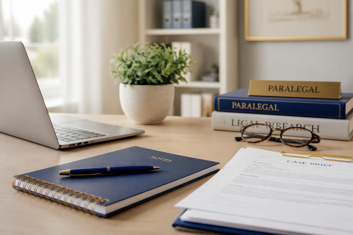 A professional paralegal workspace with organized documents, a laptop, and legal reference books